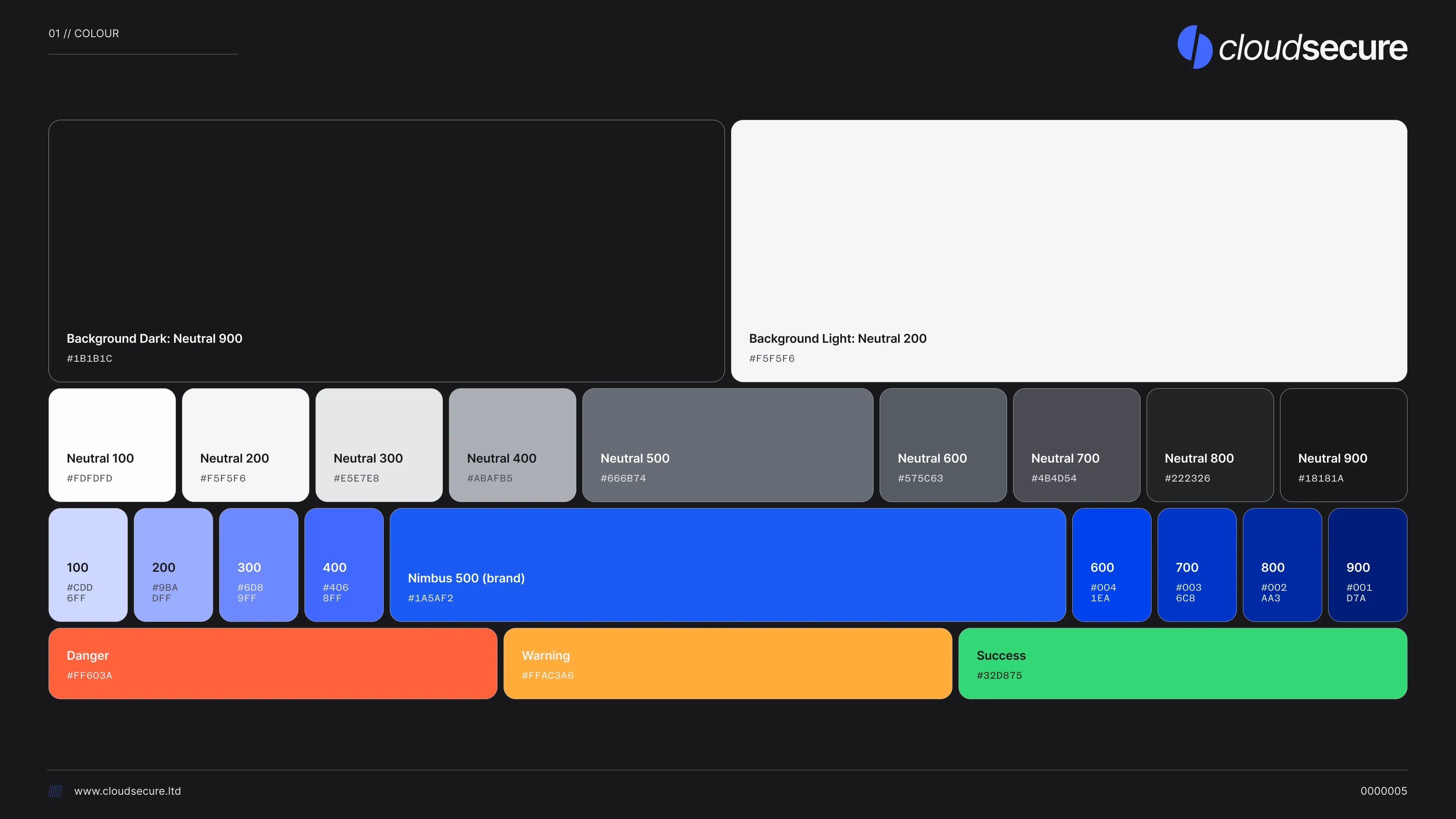CloudSecure Complete Color Palette showing all primary blues, secondary grays, tertiary labels, and neutral backgrounds