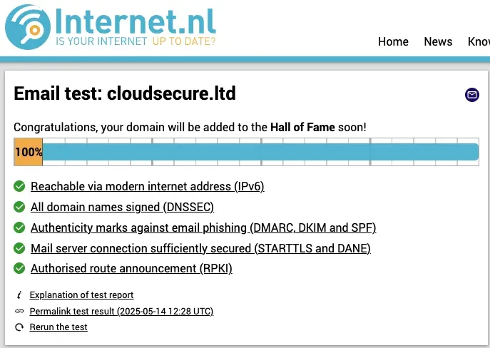 InternetNL test results showing passes