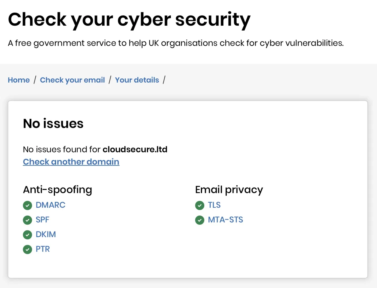 NCSC MailCheck test results showing all passes